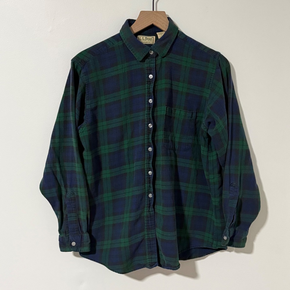 LL Bean Flannel Shirt Women 12 Green Blue Plaid Cotton Button Up Outdoor Granola